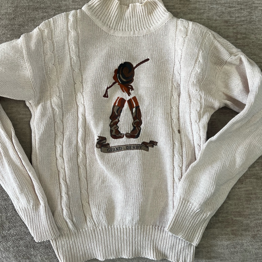 Vintage Embroidered Herman Geist Cream Turtleneck Sweater with shoulder pads